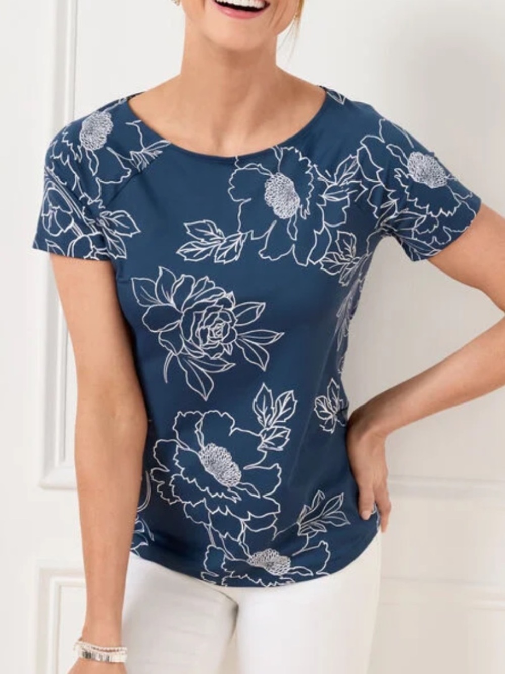 Talbots Plus Size X Navy Blue Bold Floral Effortless Jersey Bateau Neck Tee NWOT